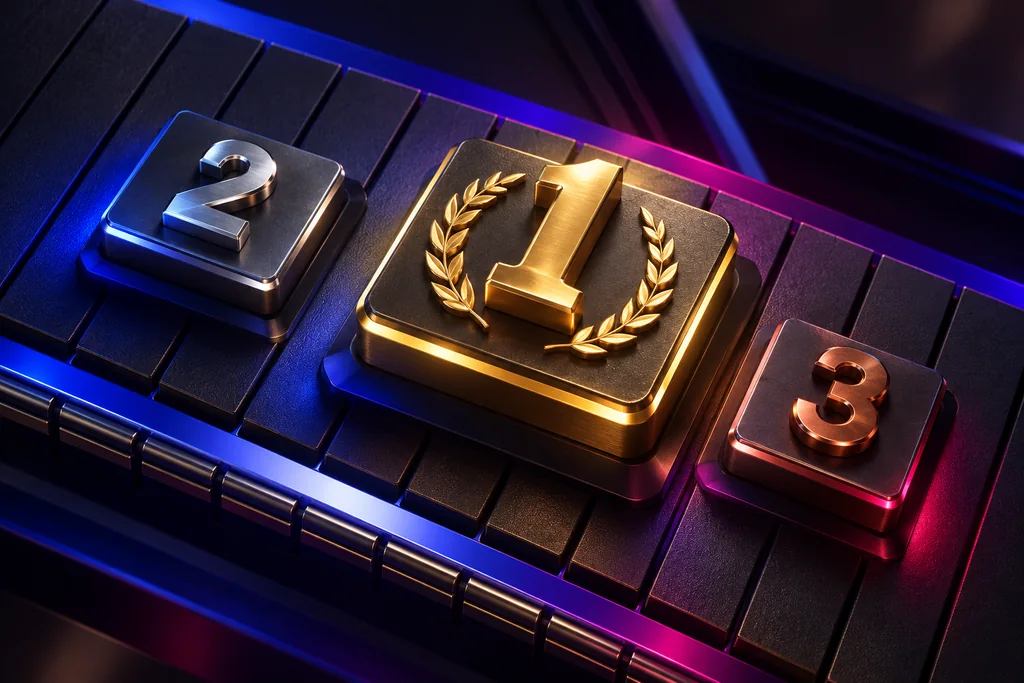 Metallic ranking tiles numbered one, two, and three on a dark illuminated platform